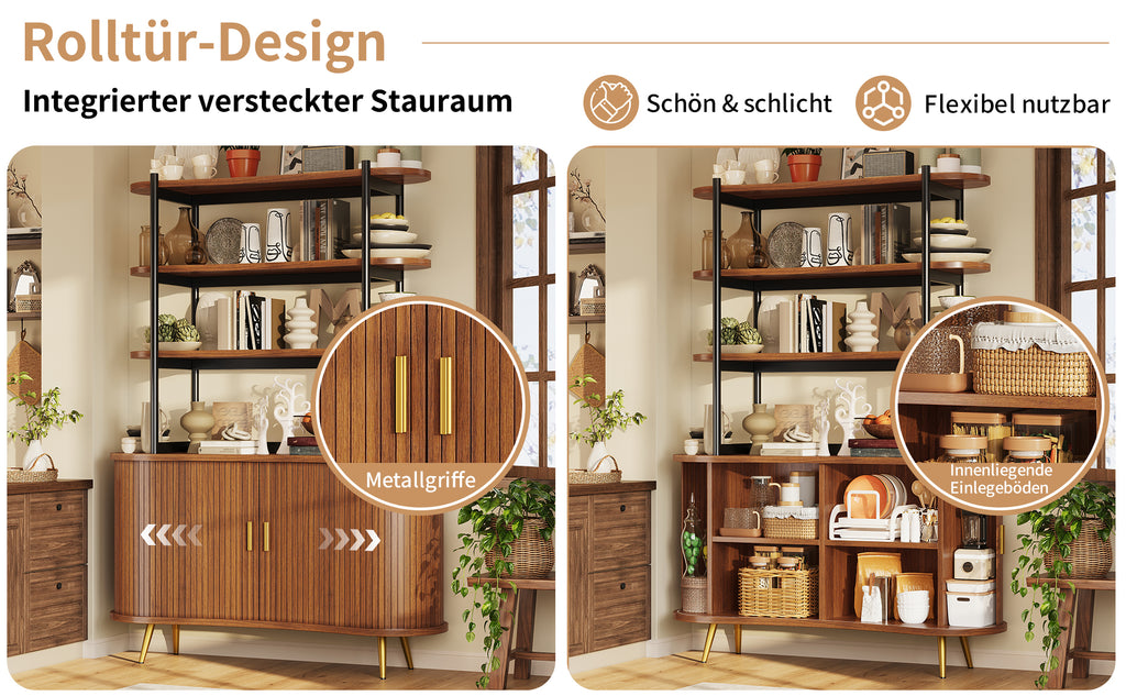 Gabinetto con puertas correderas y estante superior, estante abierto de 4 niveles, armario de cocina moderno con revestimiento de listas verticales, patas de metal doradas, armario de almacenamiento para comedor y salón, color oscuro