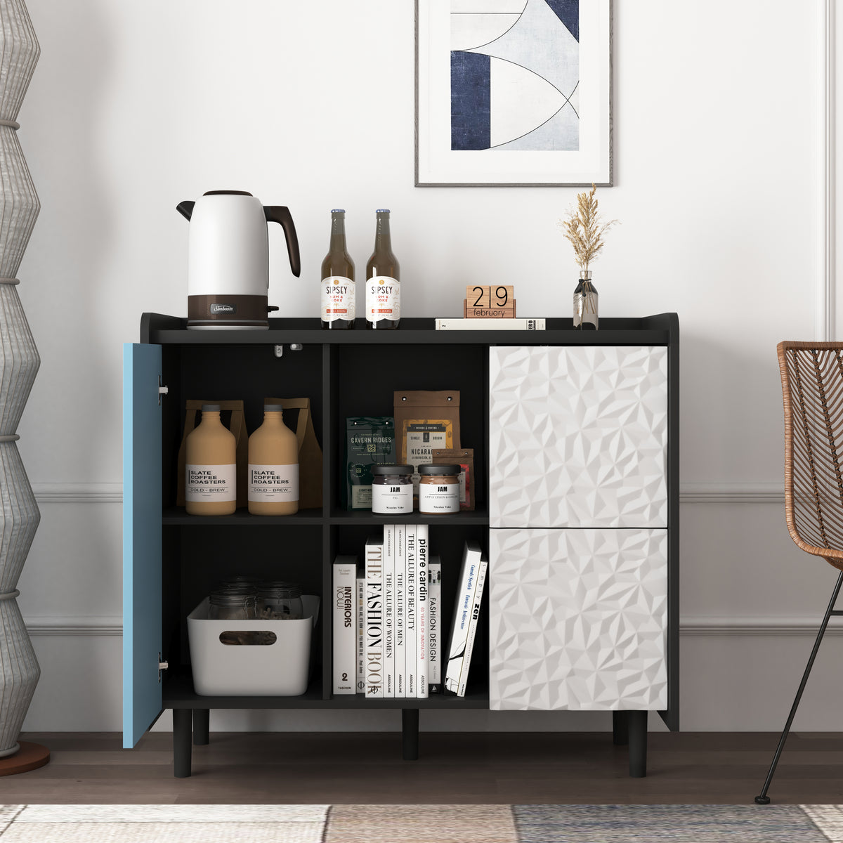 Gabinet de buffet, armario negro con puertas azules, 2 cajones con panel único y 2 compartimientos de almacenamiento abiertos, gabinete de bar de café moderno, armario de acento para la cocina, comedor