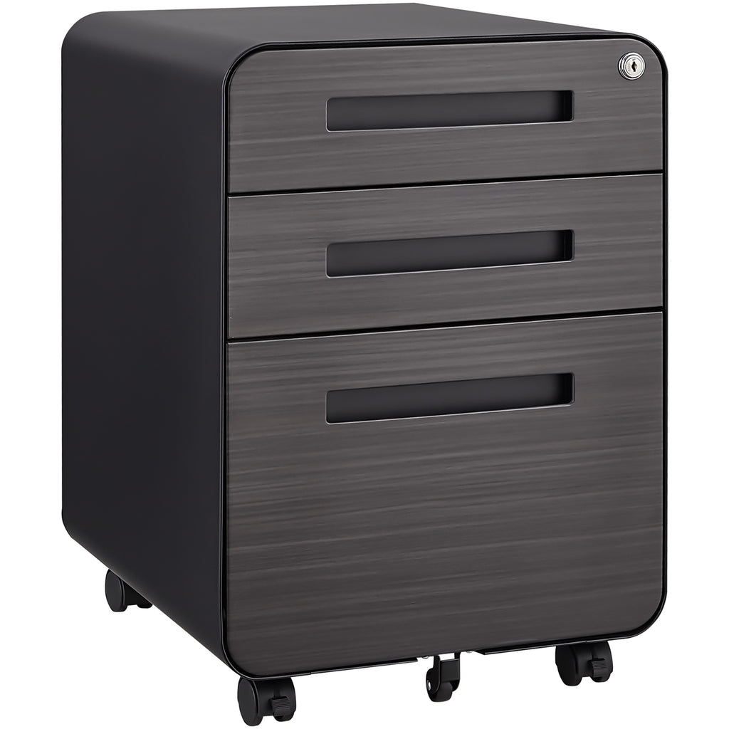 Caja de archivos móvil de 3 cajones para debajo de la mesa de oficina, negra. Almacenamiento moderno y versátil para archivos legales/cartas/A4, diseño anti-derrumbe con 5 ruedas, acero laminado frío, resistente al agua y a la humedad