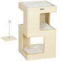 Tonera para gato, casa para gato, 2 niveles, incluye juguete, 34 cm x 34 cm x 60 cm, Natural + Gris claro