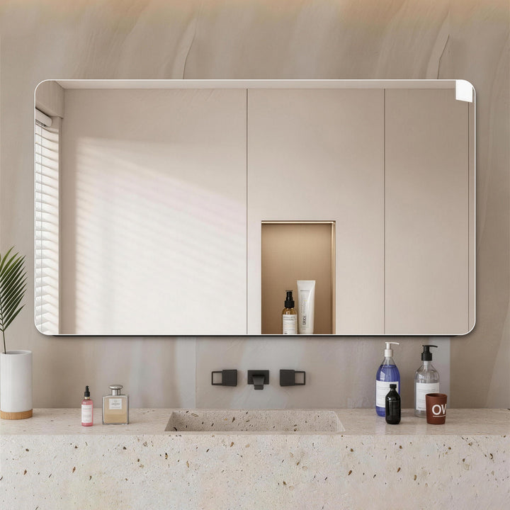 Espejo de baño de 60×100 cm, sin marco con esquinas redondeadas, espejo de 5 mm HD de plata, película de seguridad, montable horizontal o verticalmente