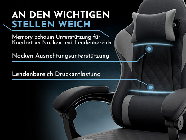 Silla de gaming para PC, silla de oficina con soporte lumbar, cabeza ajustable y brazos reclinables, silla de escritorio ergonómica con apoyo para los pies, ajustable de 90° a 145°, silla de oficina para hombre/mujer
