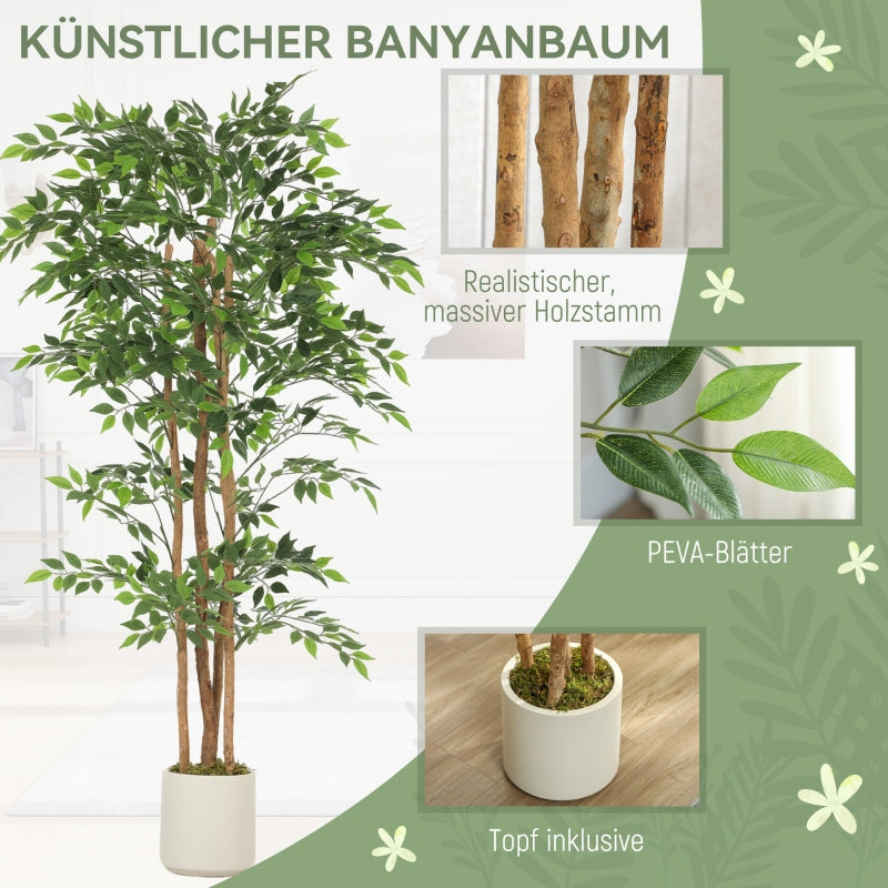 Banyan artificial de plástico con tronco de madera maciza, maceta, para salón, dormitorio, oficina 75 x 75 x 180 cm, color verde