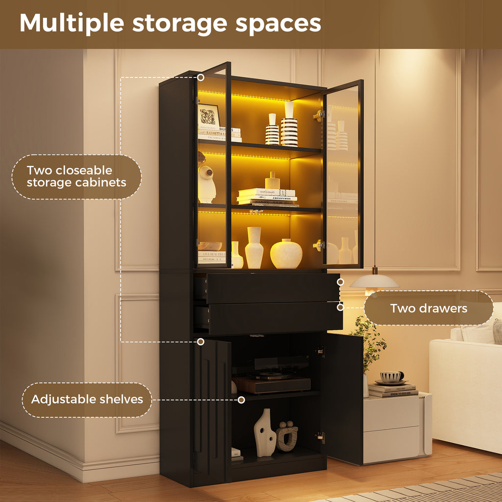 Vitrina LED de 70×34×180cm con 2 cajones, armario alto con puertas de vitrina, armario de salón con LED, armario para el salón, cocina, oficina, entrada, negro