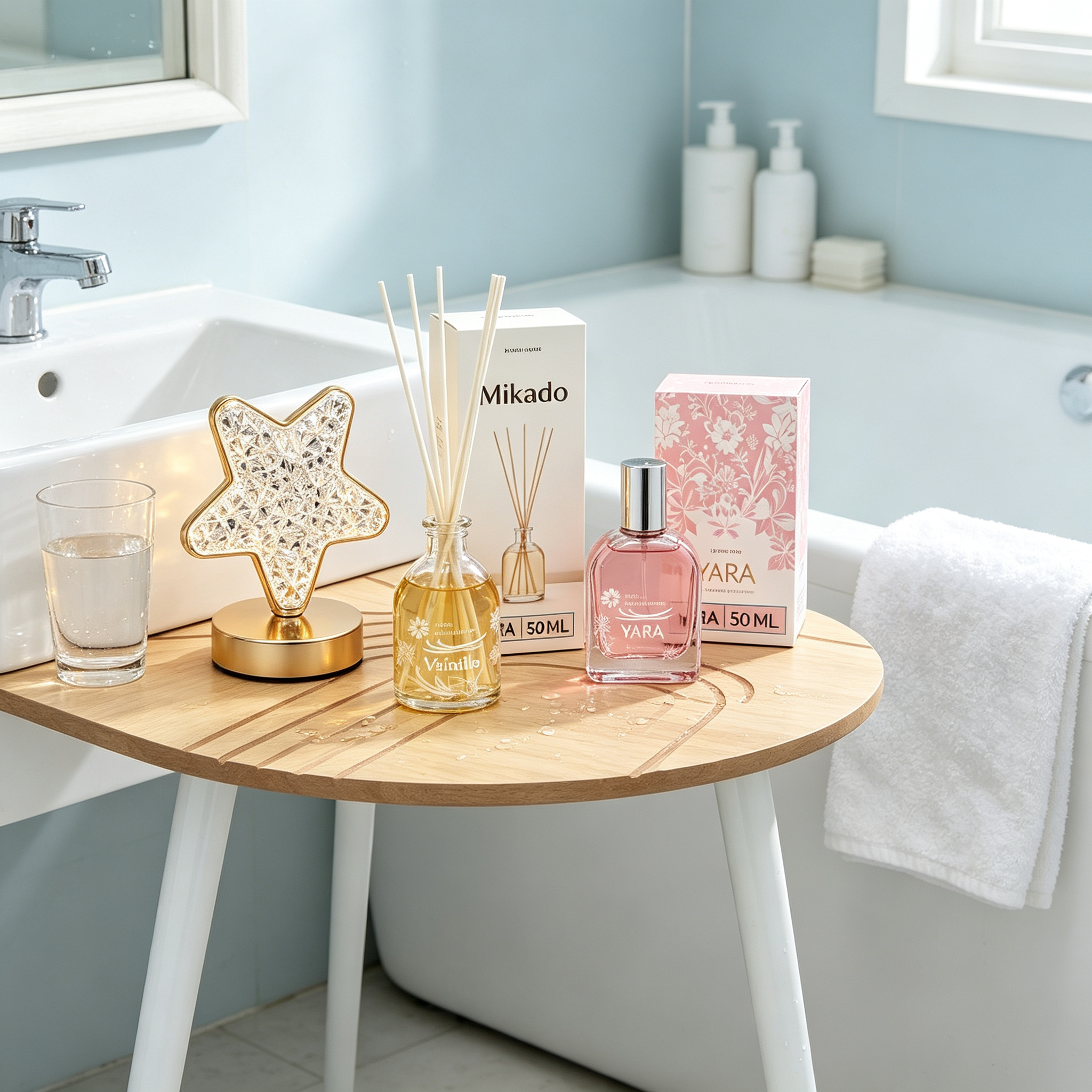 Set Decoración y Aromas del Hogar 5 en 1 - Mesas Auxiliares + Mikado Vainilla + Perfume Yara + Lámpara Estrella