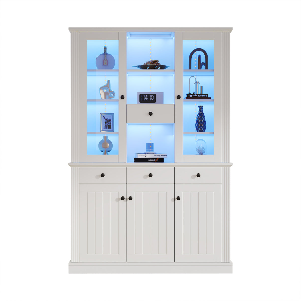 Vitrina N625P293053054055W) de 119,5*40*180cm, Vitrina de estantería con 4 cajones, Vitrinas con LED, Armario para el salón, Armario con 4 cajones y 5 puertas, Gran armario con 21 compartimientos de almacenamiento, MDF