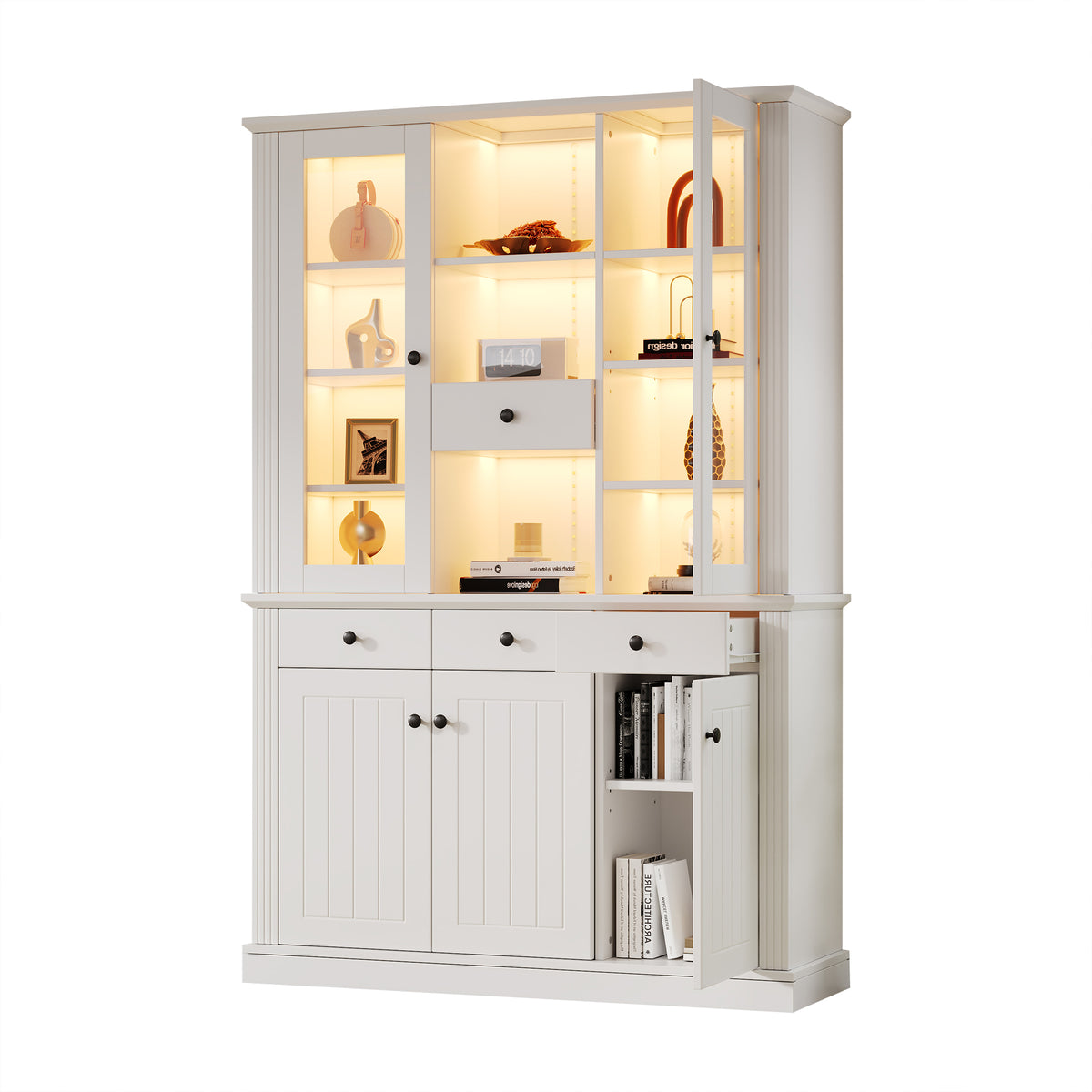 Vitrina N625P293053054055W) de 119,5*40*180cm, Vitrina de estantería con 4 cajones, Vitrinas con LED, Armario para el salón, Armario con 4 cajones y 5 puertas, Gran armario con 21 compartimientos de almacenamiento, MDF
