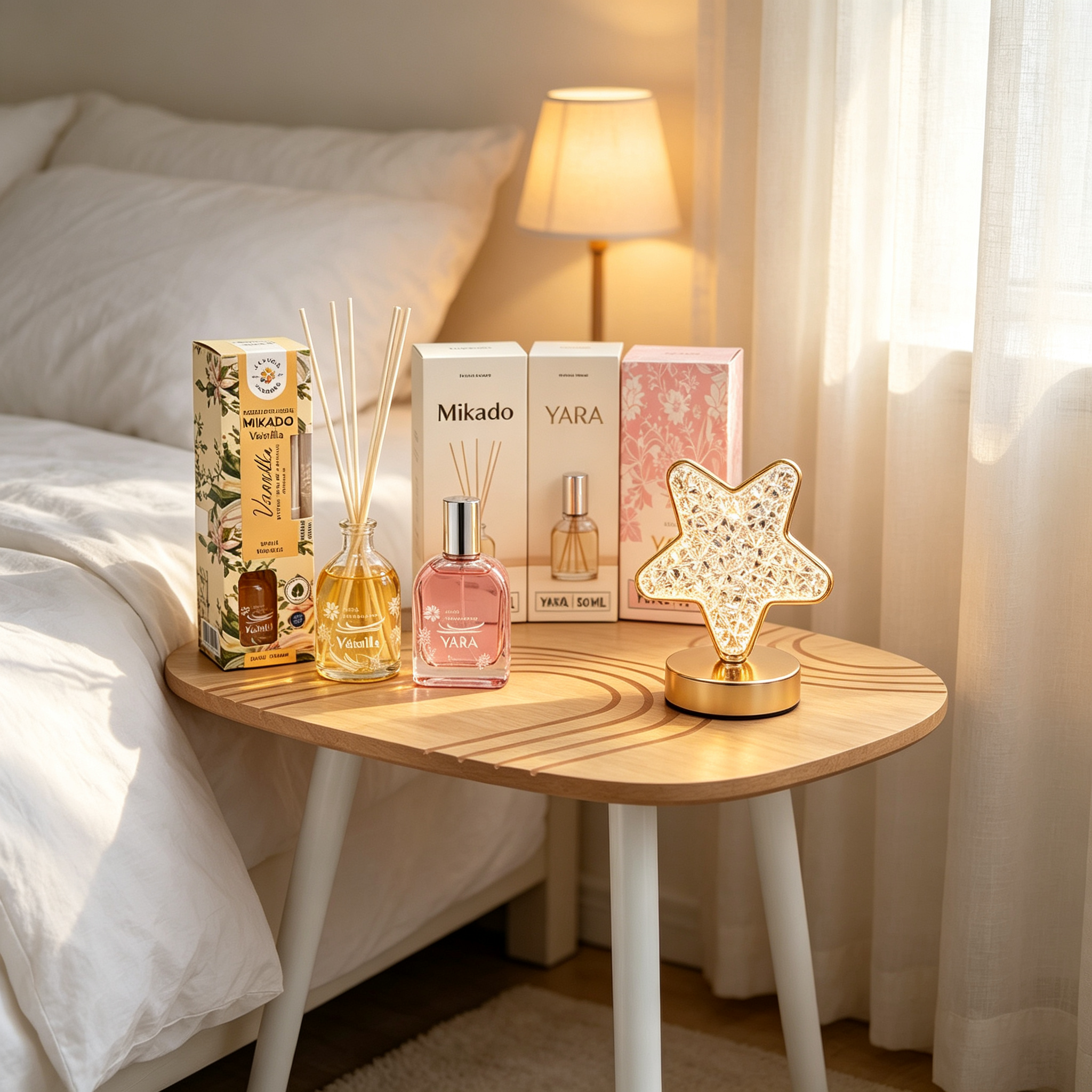 Set Decoración y Aromas del Hogar 5 en 1 - Mesas Auxiliares + Mikado Vainilla + Perfume Yara + Lámpara Estrella