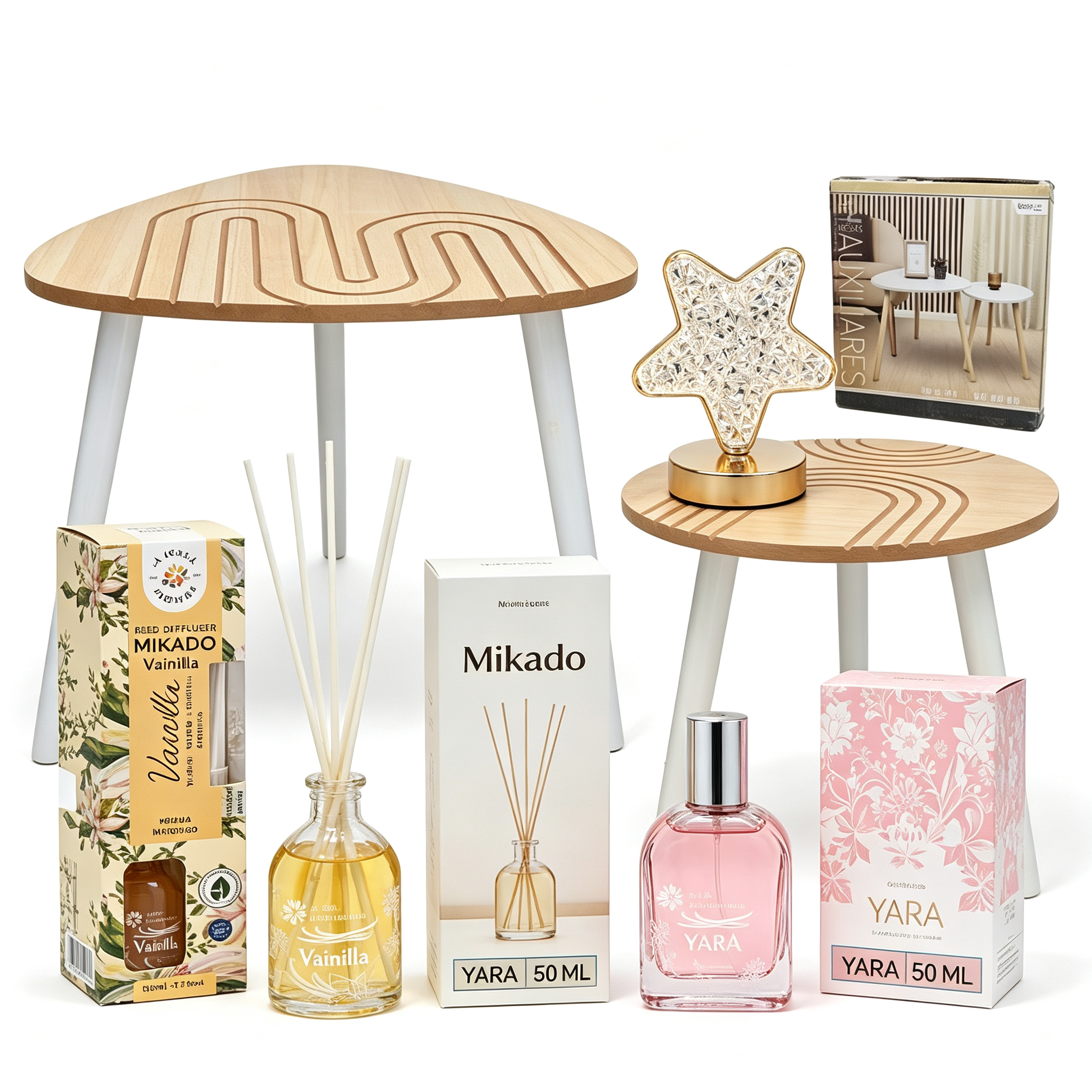 Set Decoración y Aromas del Hogar 5 en 1 - Mesas Auxiliares + Mikado Vainilla + Perfume Yara + Lámpara Estrella