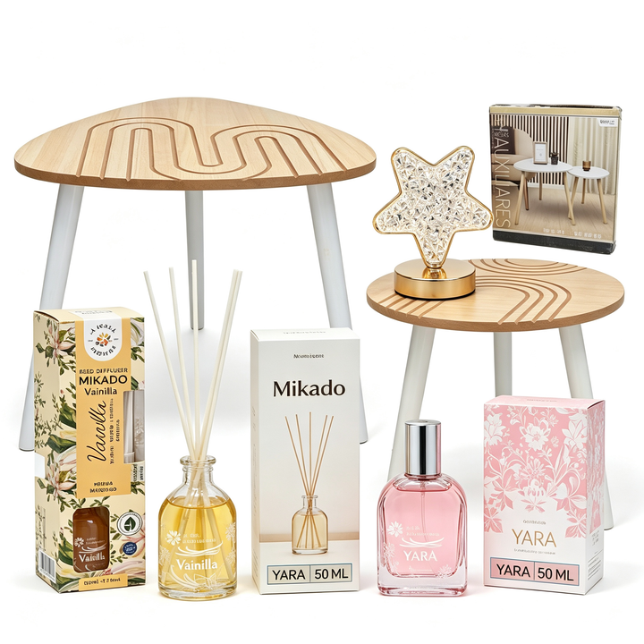Set Decoración y Aromas del Hogar 4 en 1 - Mesa Auxiliar + Mikado Vainilla + Perfume Yara + Lámpara Estrella