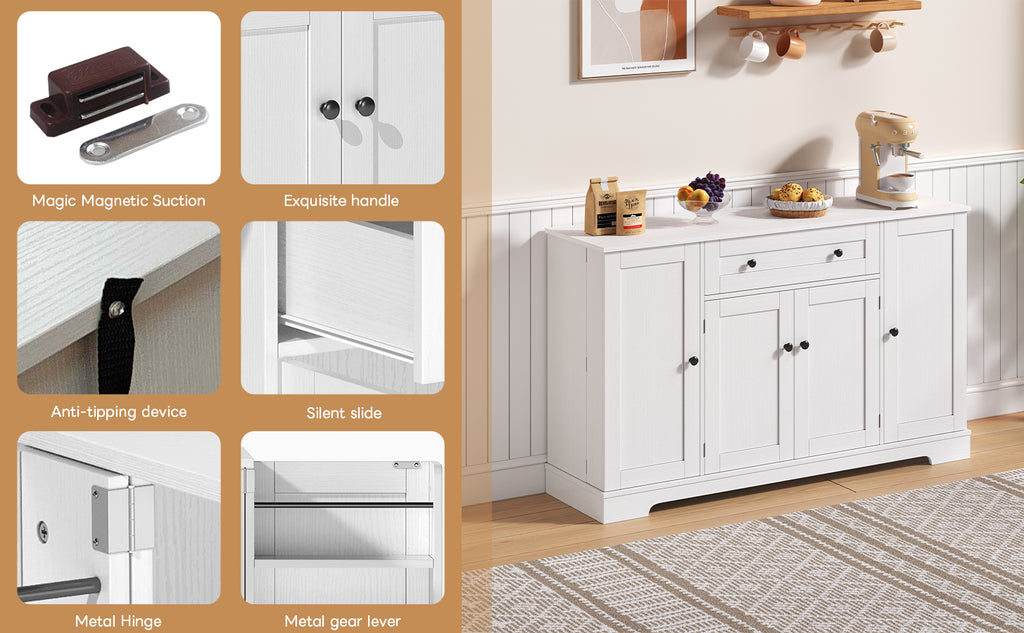 Buffet multifuncional para la cocina – Sideboard de 138 cm con cajón, puertas de estantería y soportes de empotramiento ajustables – Diseño moderno con protección anti-inclinación, ideal para la cocina, el salón y el dormitorio