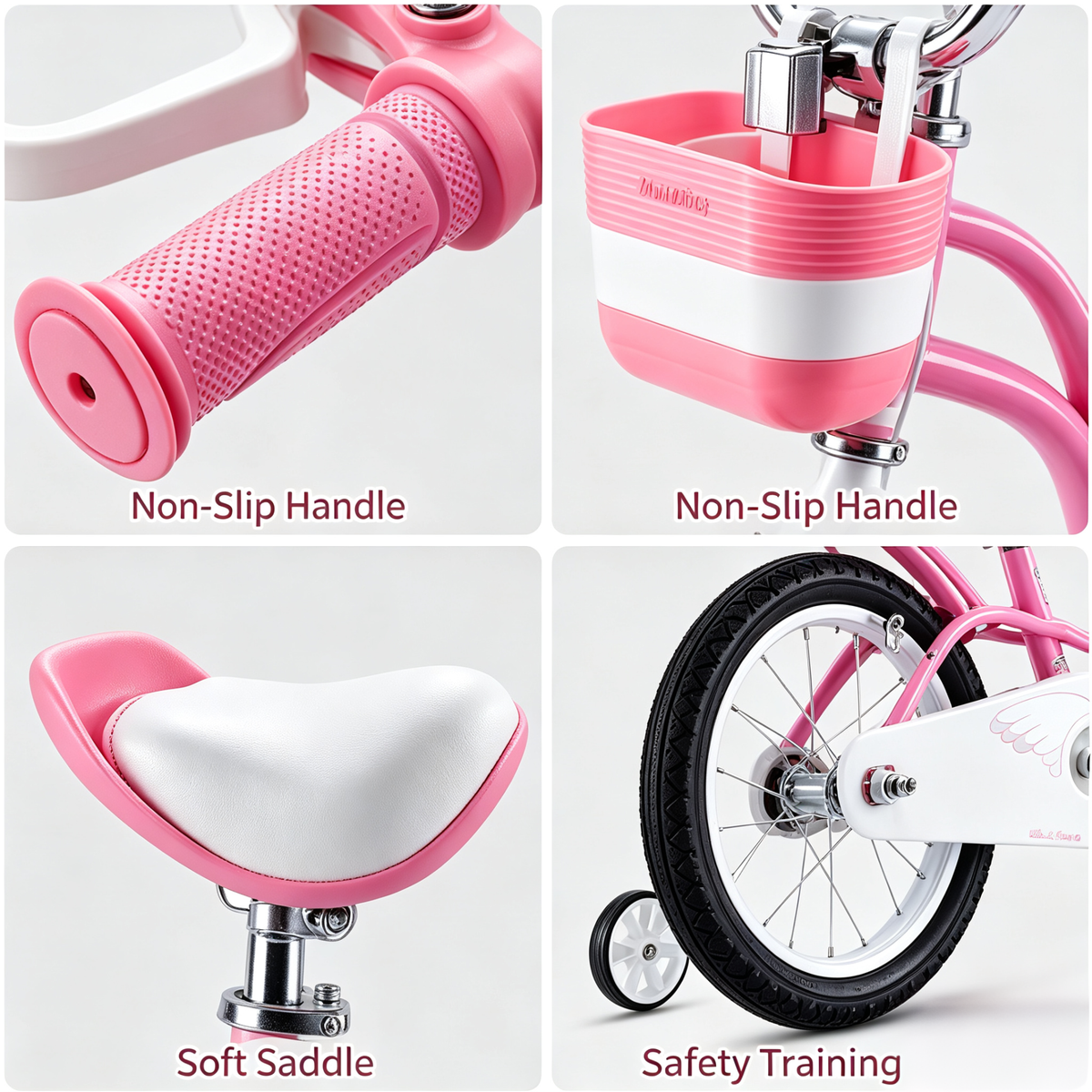 Bicicleta para Niñas y Niños de Color Rosa y Blanco, Segura y Ligera con Ruedas de Entrenamiento