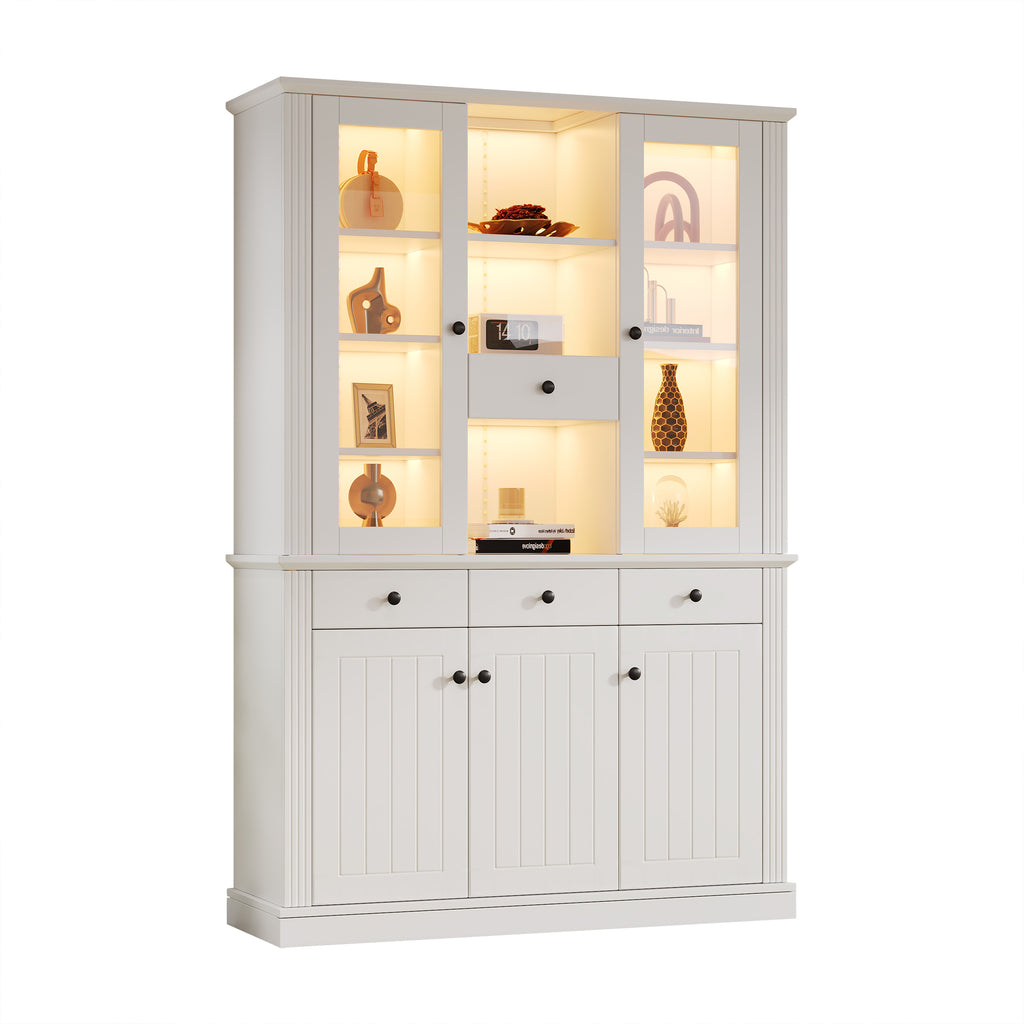 Vitrina N625P293053054055W) de 119,5*40*180cm, Vitrina de estantería con 4 cajones, Vitrinas con LED, Armario para el salón, Armario con 4 cajones y 5 puertas, Gran armario con 21 compartimientos de almacenamiento, MDF