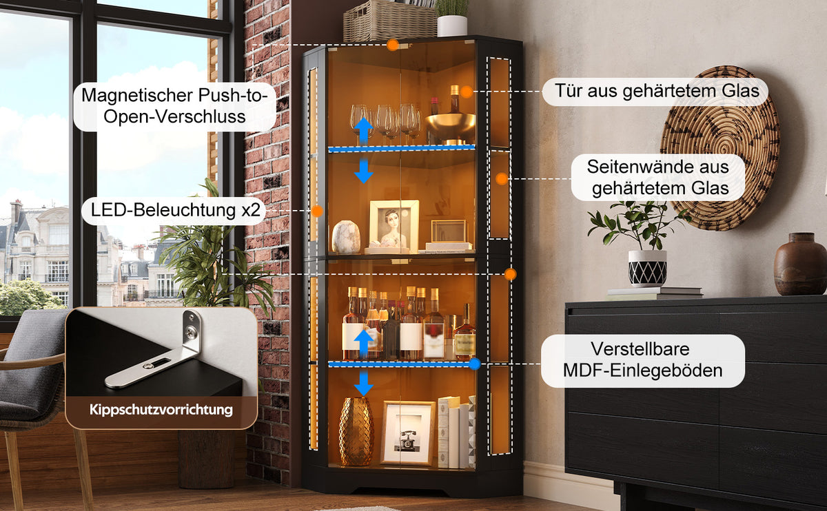 Armario vitrina de 165 cm con LED, armario lateral de cristal de seguridad de 4 niveles, moderno armario de vinos para figuras, coleccionables y vinos, para cocina y comedor