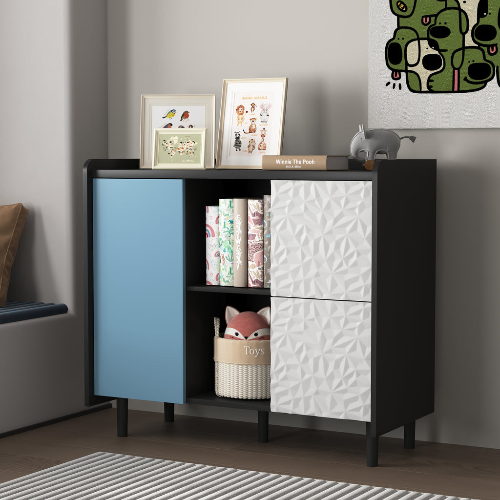 Gabinet de buffet, armario negro con puertas azules, 2 cajones con panel único y 2 compartimientos de almacenamiento abiertos, gabinete de bar de café moderno, armario de acento para la cocina, comedor