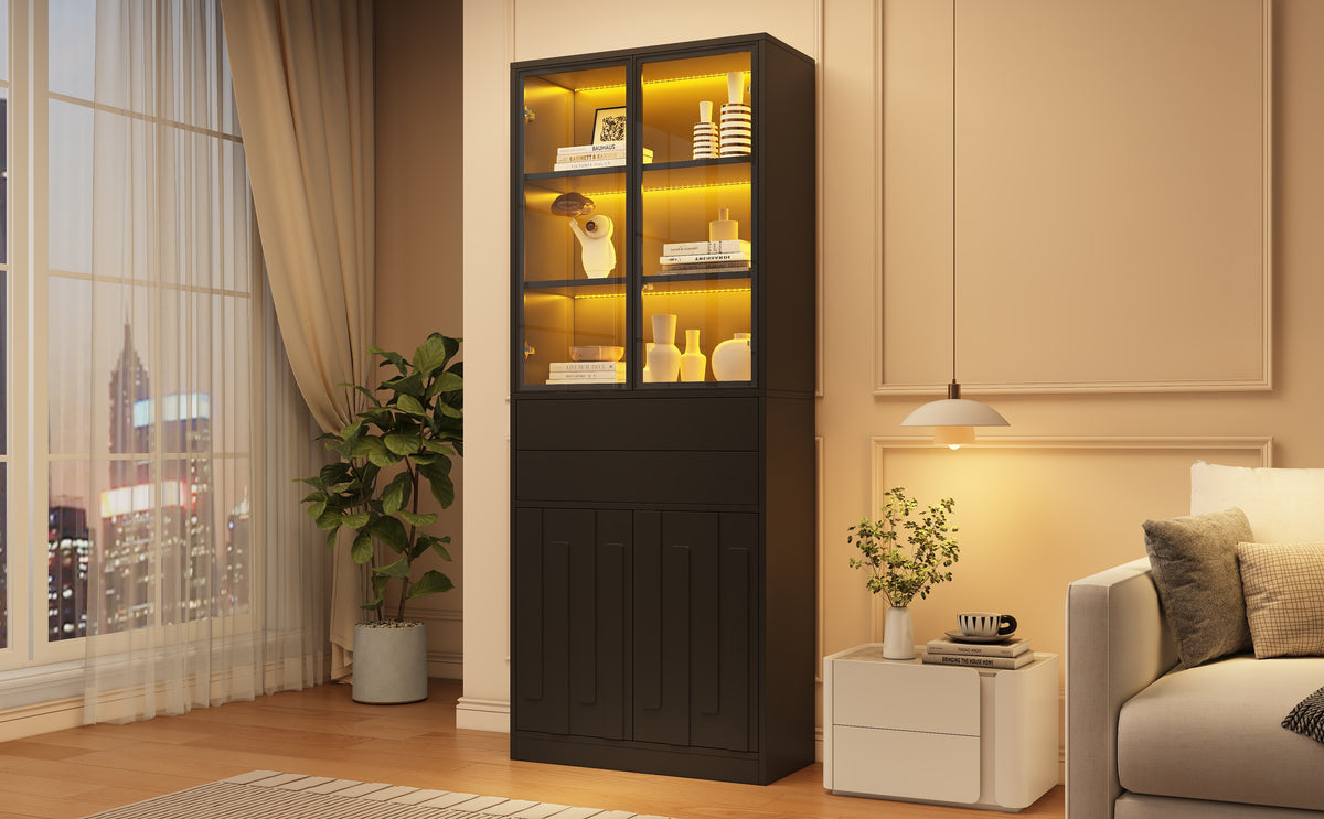 Vitrina LED de 70×34×180cm con 2 cajones, armario alto con puertas de vitrina, armario de salón con LED, armario para el salón, cocina, oficina, entrada, negro