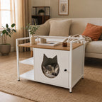 Armario multifuncional para la caja de arena de los gatos con agujero en forma de cabeza de gato, mesita de noche con 2 estantes y espacio de almacenamiento, moderno mueble para gatos para el salón y el dormitorio (blanco y madera)