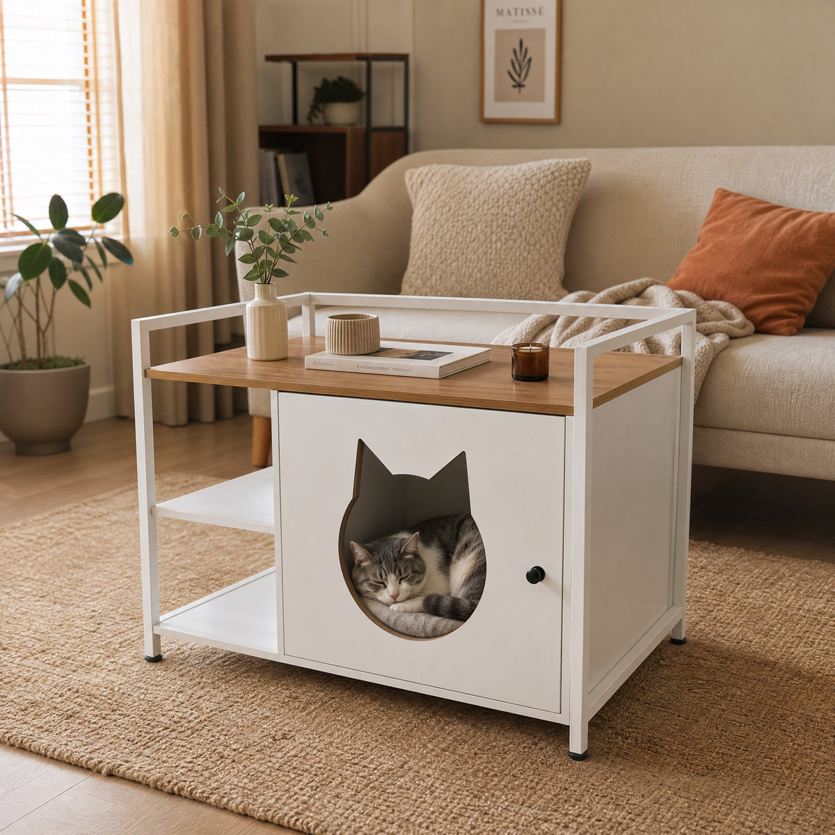 Armario multifuncional para la caja de arena de los gatos con agujero en forma de cabeza de gato, mesita de noche con 2 estantes y espacio de almacenamiento, moderno mueble para gatos para el salón y el dormitorio (blanco y madera)