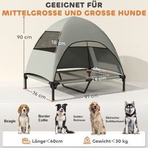 Cama para perro exterior con techo, Cama para perro elevada para perros grandes, 91 x 76 x 90 cm, Gris claro