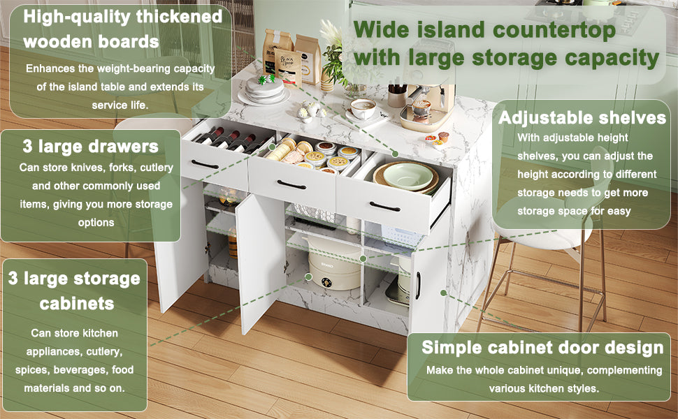 Gran isla de cocina de 120 x 60 x 90,5 cm, 3 cajones y 3 puertas, diseño de mármol blanco, soportes de empotramiento ajustables, cajones silenciosos, diseño de barbería - Accesorios para la cocina elegantes y prácticos