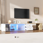 Mueble lateral para TV con iluminación LED, extensible, 2 cajones + 2 puertas correderas de cristal + 1 compartimiento, Mueble lateral para TV con espacio de almacenamiento, estante lateral, moderno, Blanco & Madera, 175×40×35,5 cm