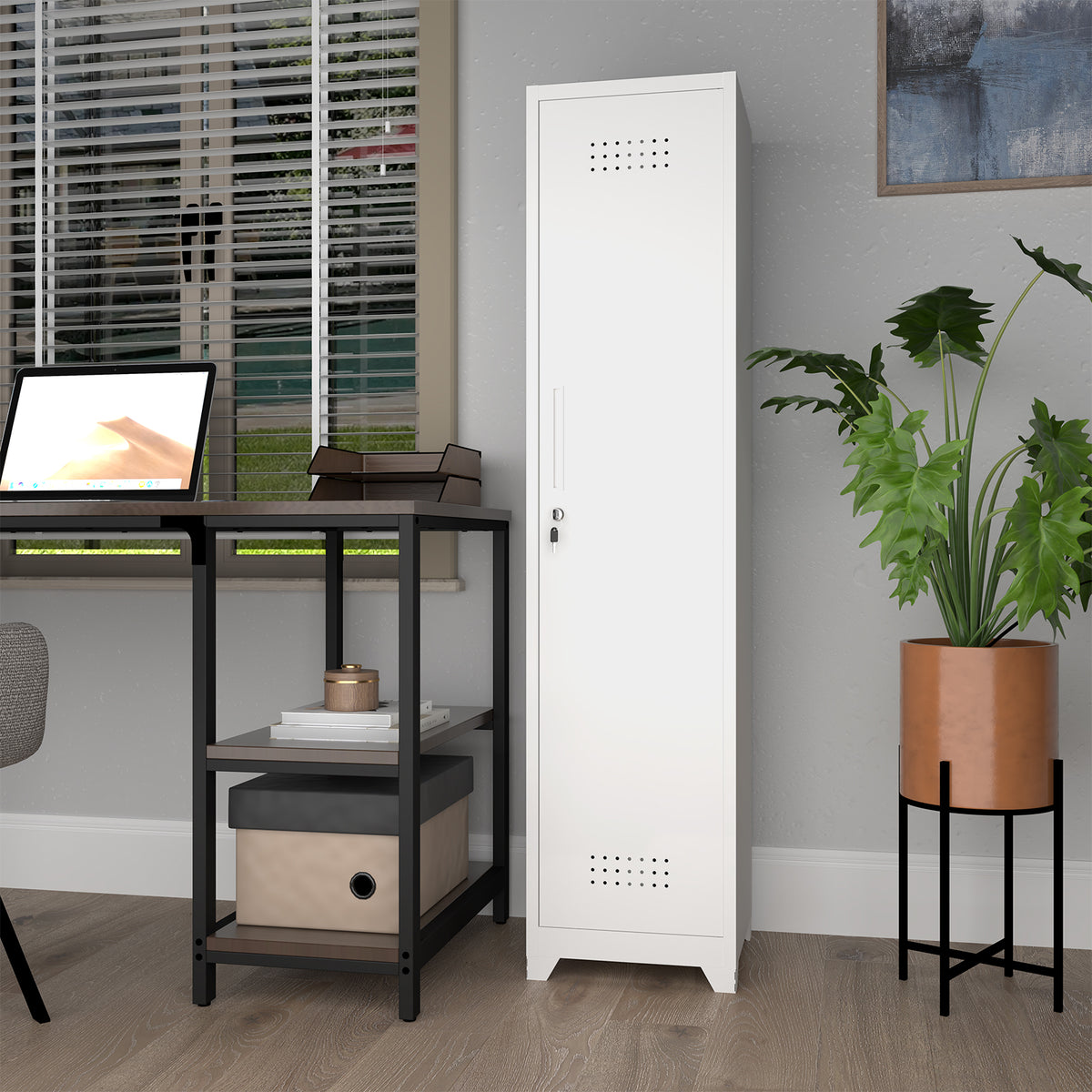 Gabineté de almacenamiento para limpieza de metal esbelto y blanco con puerta cerradora, estantes y barra de colgado, 65" de alto, organizador de utilidades para la cocina, despensa, oficina, taller y garaje