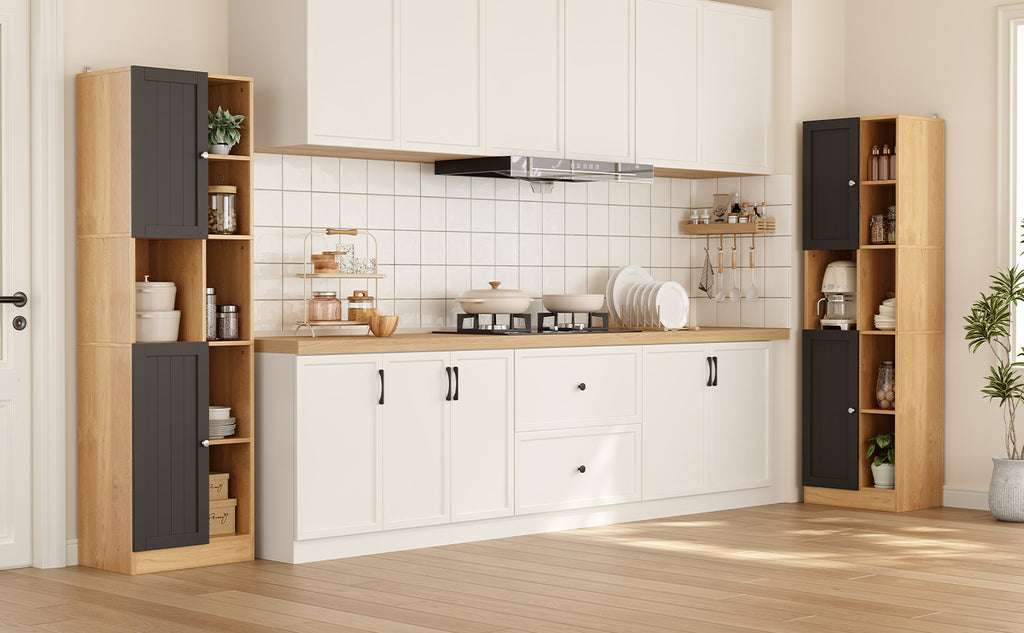 Armario de esquina para la cocina, armario alto con 6 estantes abiertos, 2 puertas y patas de empotramiento ajustables, armario de cocina estrecho para la cocina, comedor y salón, protección contra inclinación, 50x35,5x170 cm, Ántracita/Oca