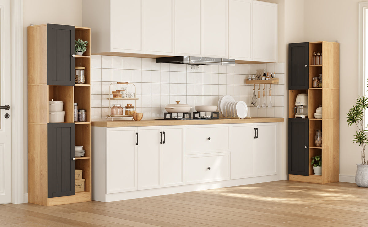 Armario de esquina para la cocina, armario alto con 6 estantes abiertos, 2 puertas y patas de empotramiento ajustables, armario de cocina estrecho para la cocina, comedor y salón, protección contra inclinación, 50x35,5x170 cm, Ántracita/Oca
