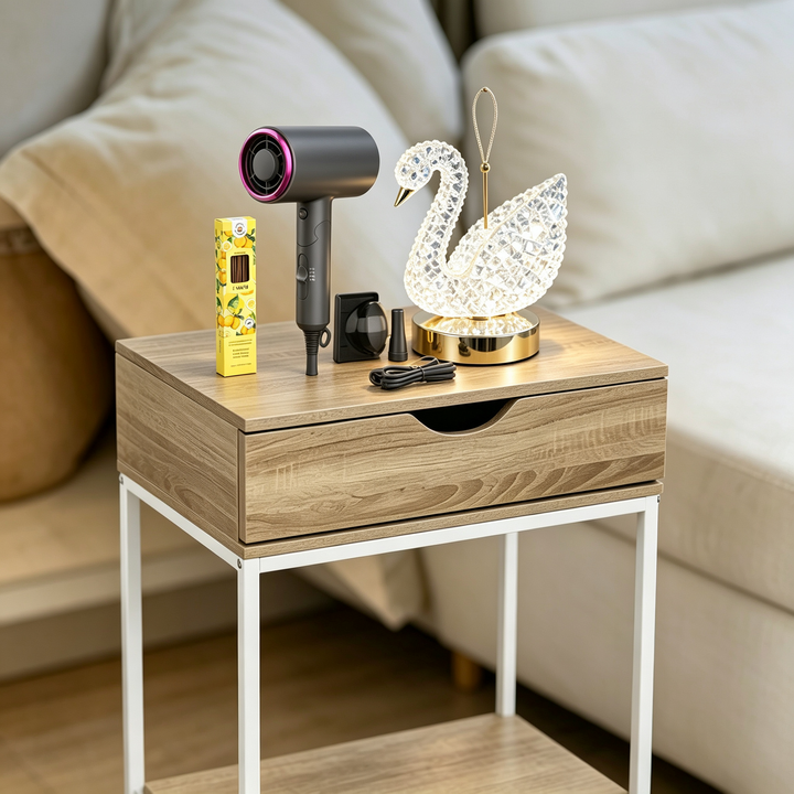 Set Decoración Femenina Premium 4 en 1 - Mesa Auxiliar + Mikado Limón + Secador Iónico + Lámpara Cisne