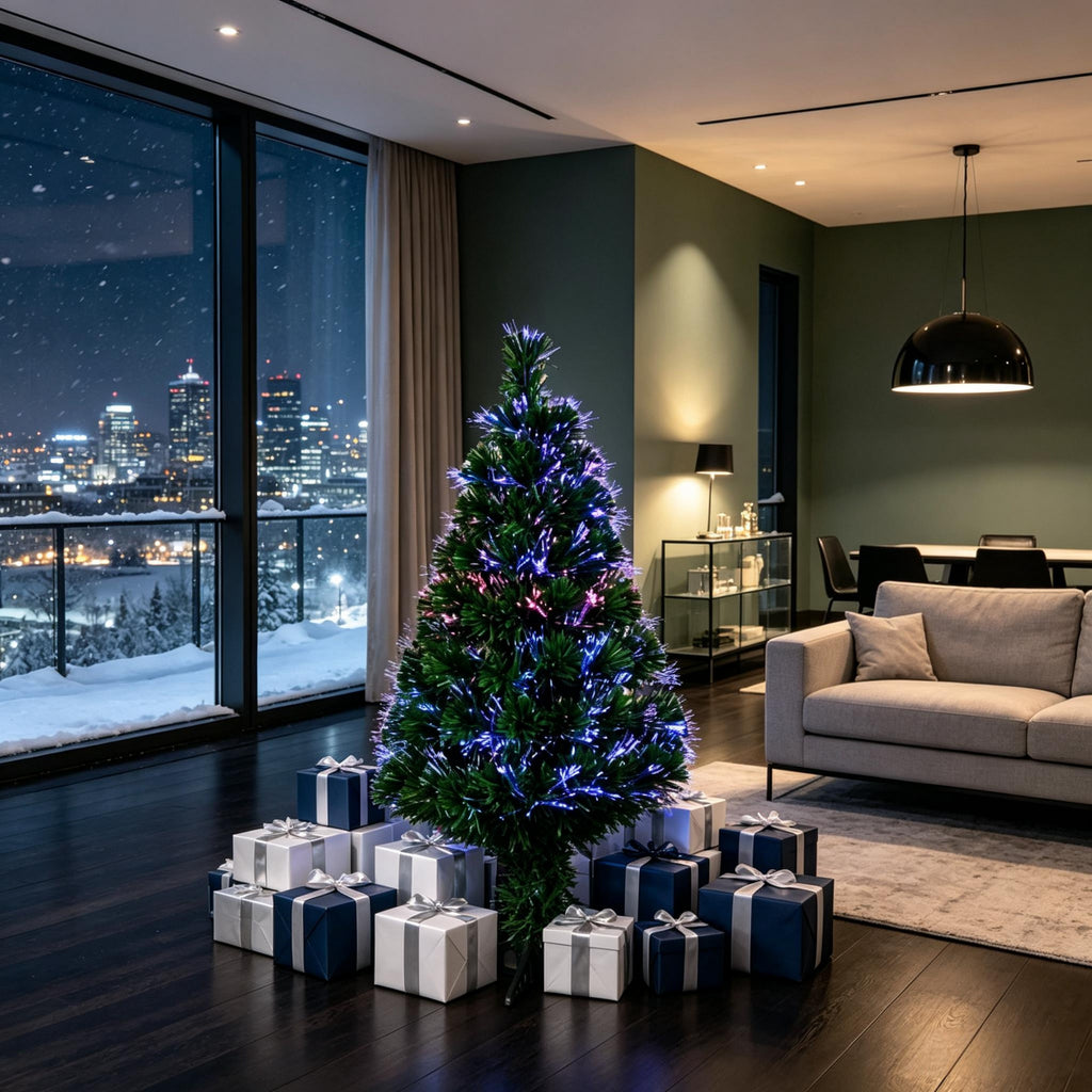 Árbol de Navidad artificial iluminado con fibra óptica multicolor, 90 ramas y pié de soporte estable, decoración navideña festiva para el interior. Decoración navideña para el hogar (solo con árbol de Navidad)
