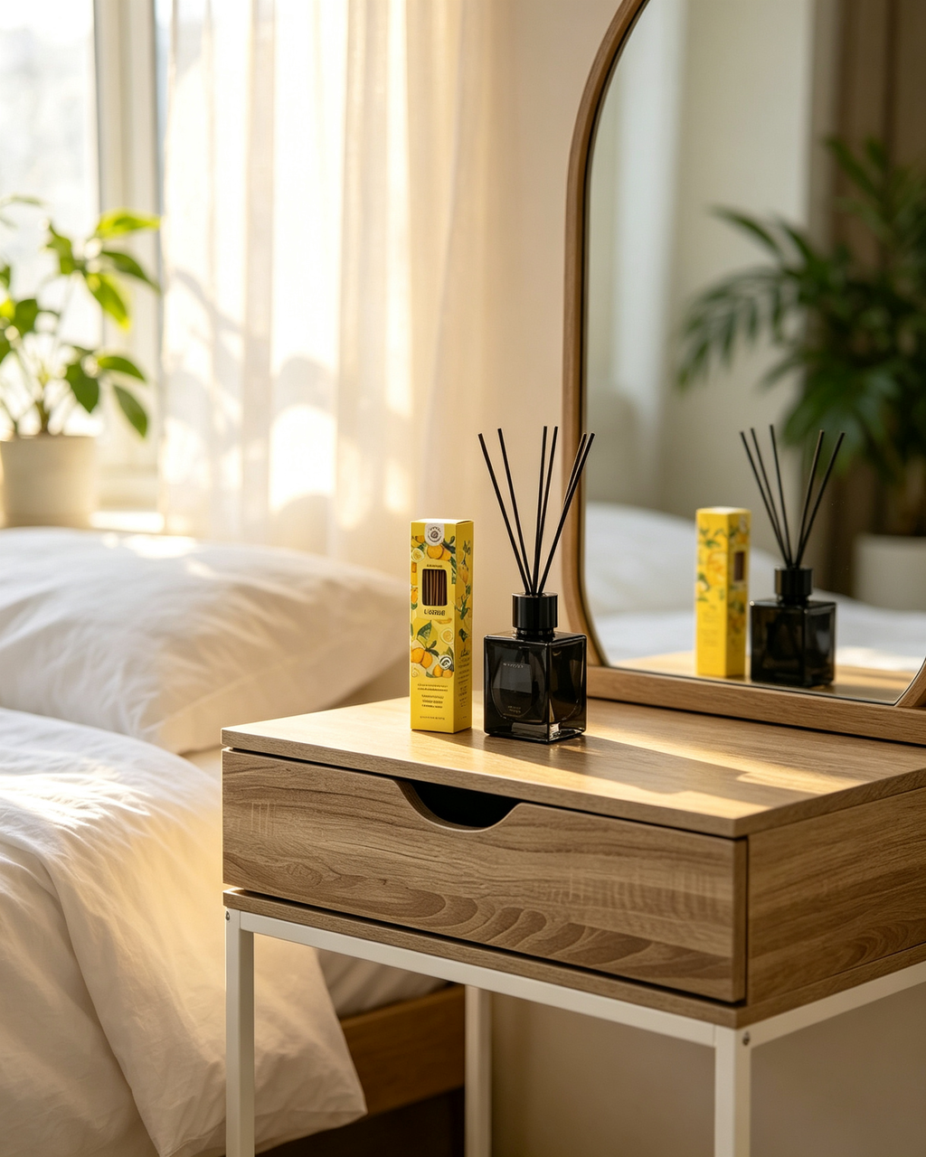 Set Decoración Femenina Premium 4 en 1 - Mesa Auxiliar + Mikado Limón + Secador Iónico + Lámpara Cisne