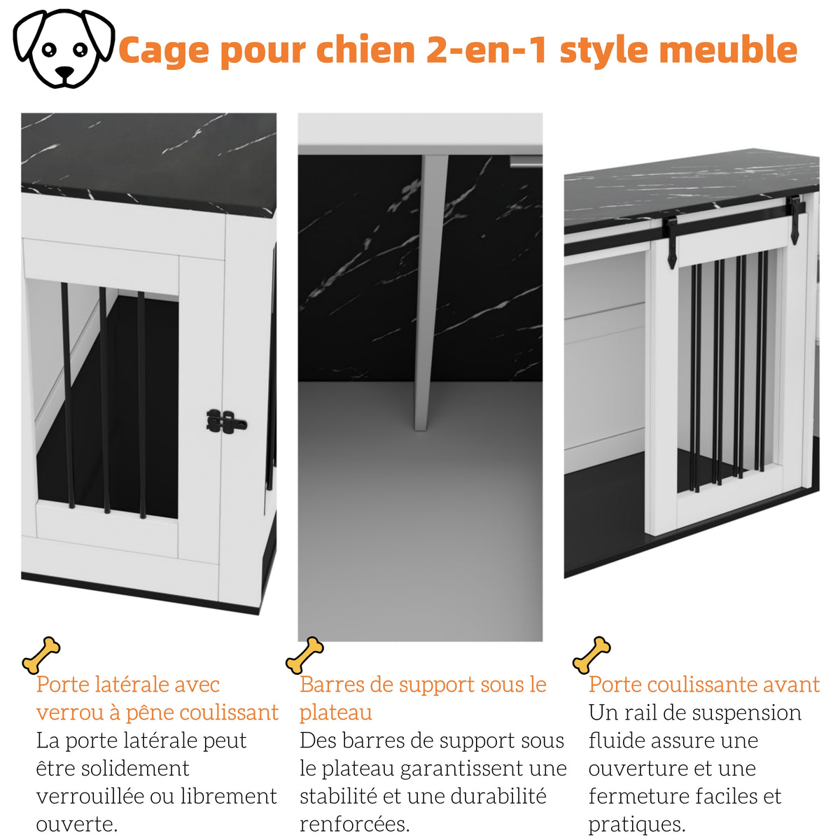 Caja para perro 2 en 1, Hoguera interior para perro, Caja para perro de madera y metal en diseño de mobiliario, como mesita de noche, para perros pequeños a medianos, 140 x 60 x 87 cm, blanca, Mesa con folio de aspecto de mármol negro
