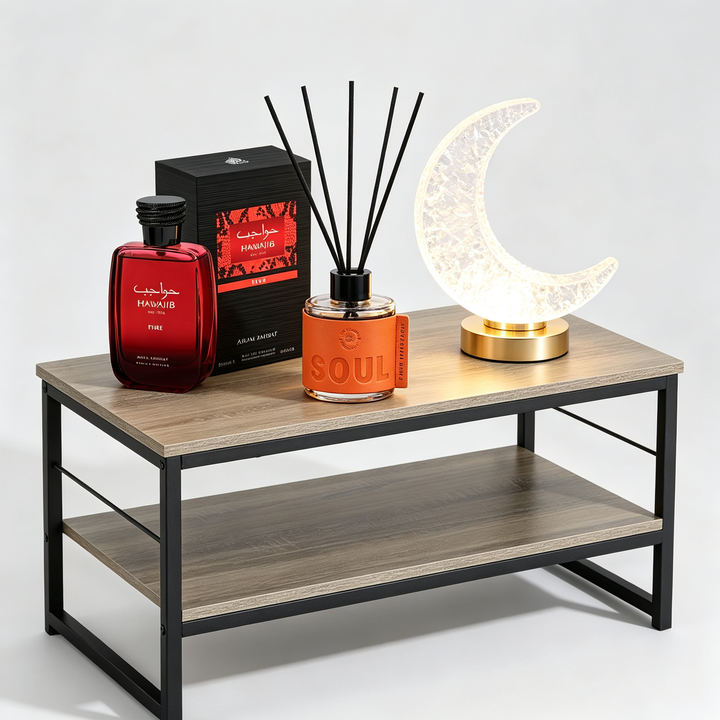 Set Decoración Oriental Premium 4 en 1 - Mesa de Centro + Perfume Fire + Mikado Soul + Lámpara Luna