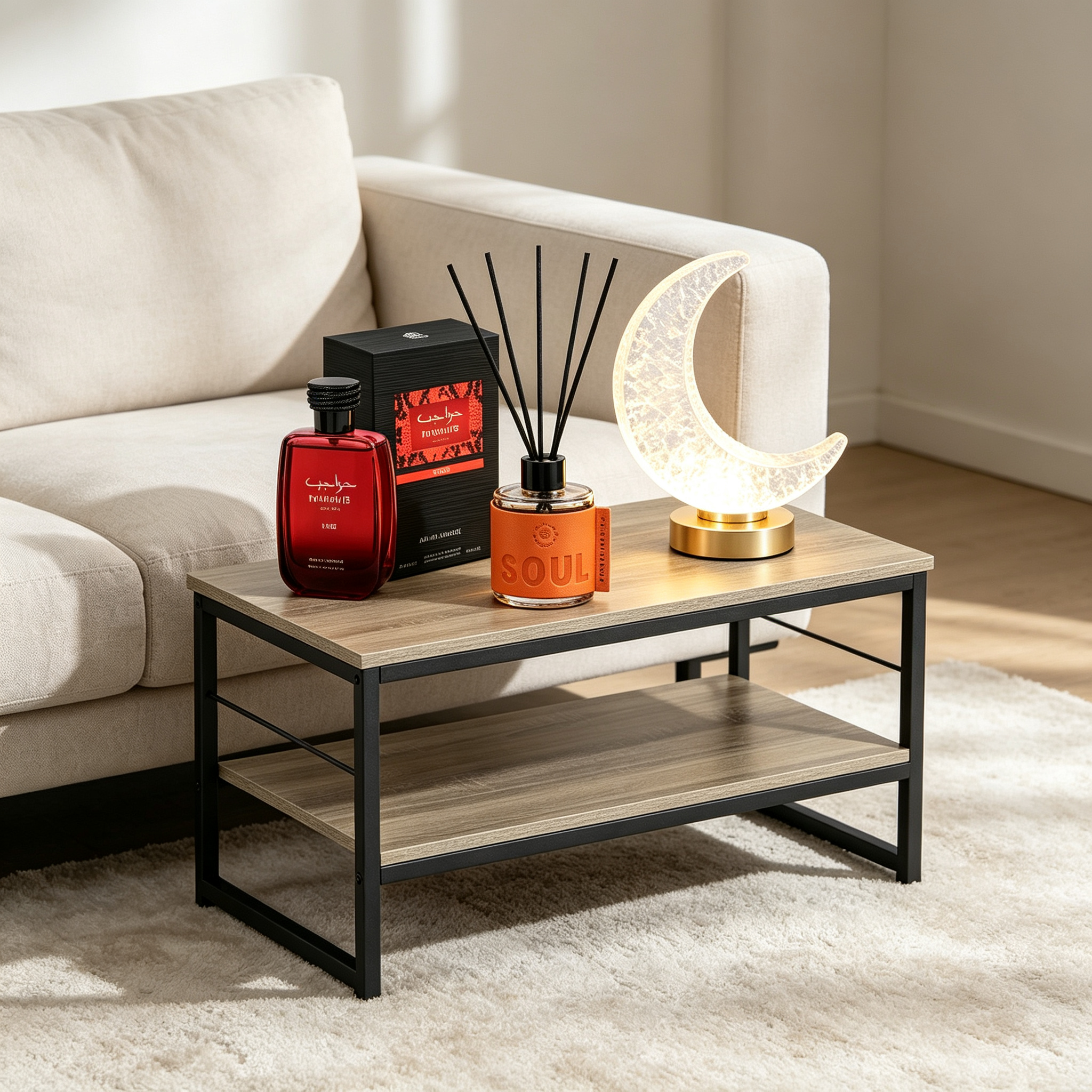 Set Decoración Oriental Premium 4 en 1 - Mesa de Centro + Perfume Fire + Mikado Soul + Lámpara Luna