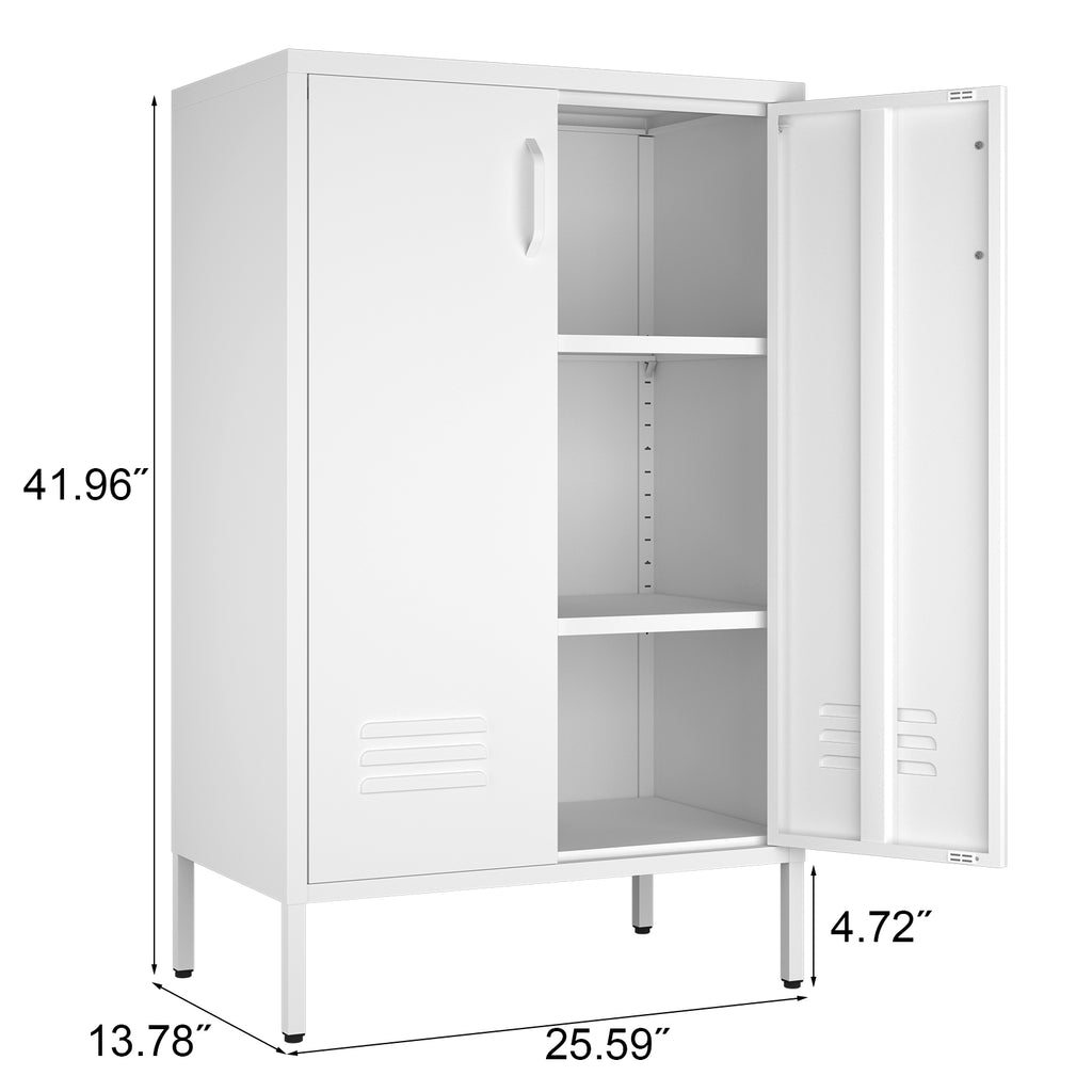 Gabinet de almacenamiento de acero blanco con 2 puertas y 2 estantes ajustables, gabinete multifuncional para el salón, la cocina, el dormitorio, el almacenamiento de herramientas en el garaje y la organización de archivos en el despacho