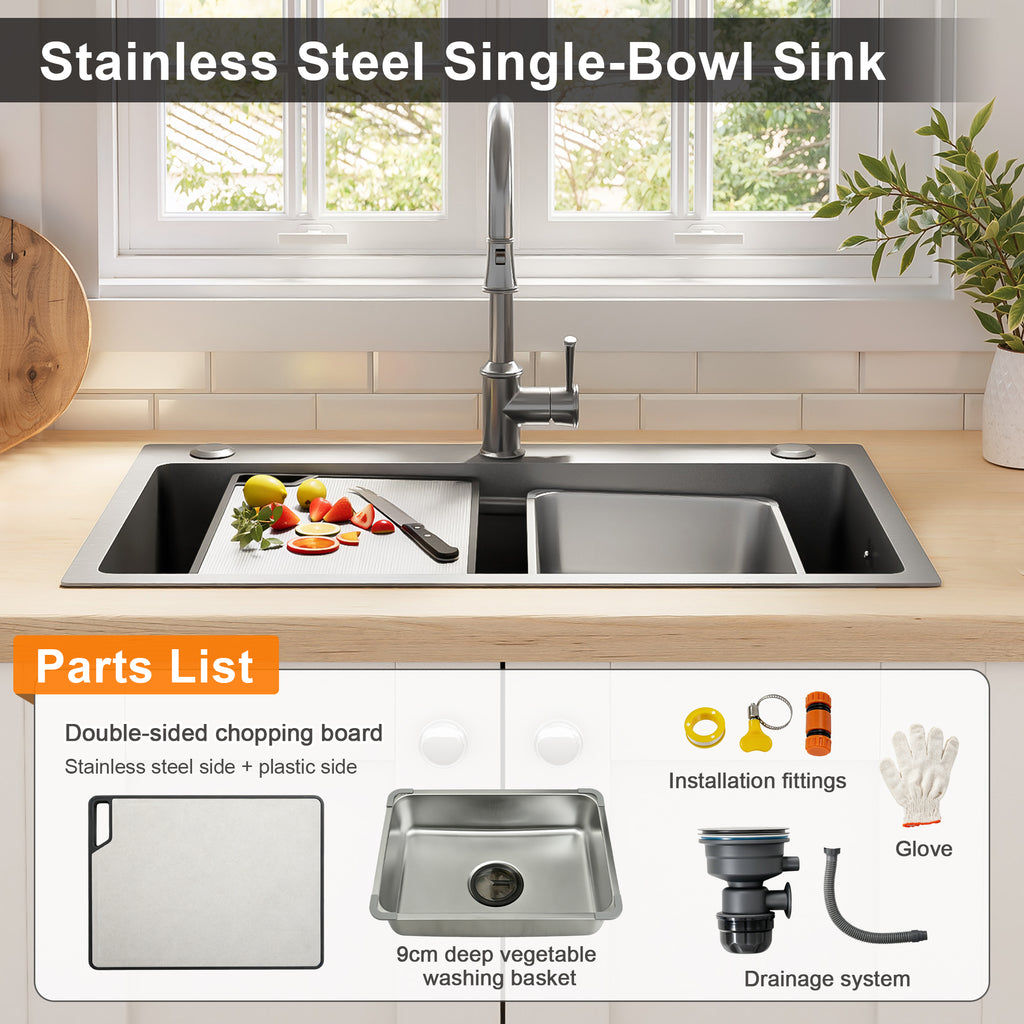 Lavabo de instalación de 75x45cm de acero inoxidable con tabla de corte, fregadero interior adicional y colador, lavabo de cocina con recubrimiento PVD, desague en cascada, construcción silenciosa y 3 tocones para accesorios