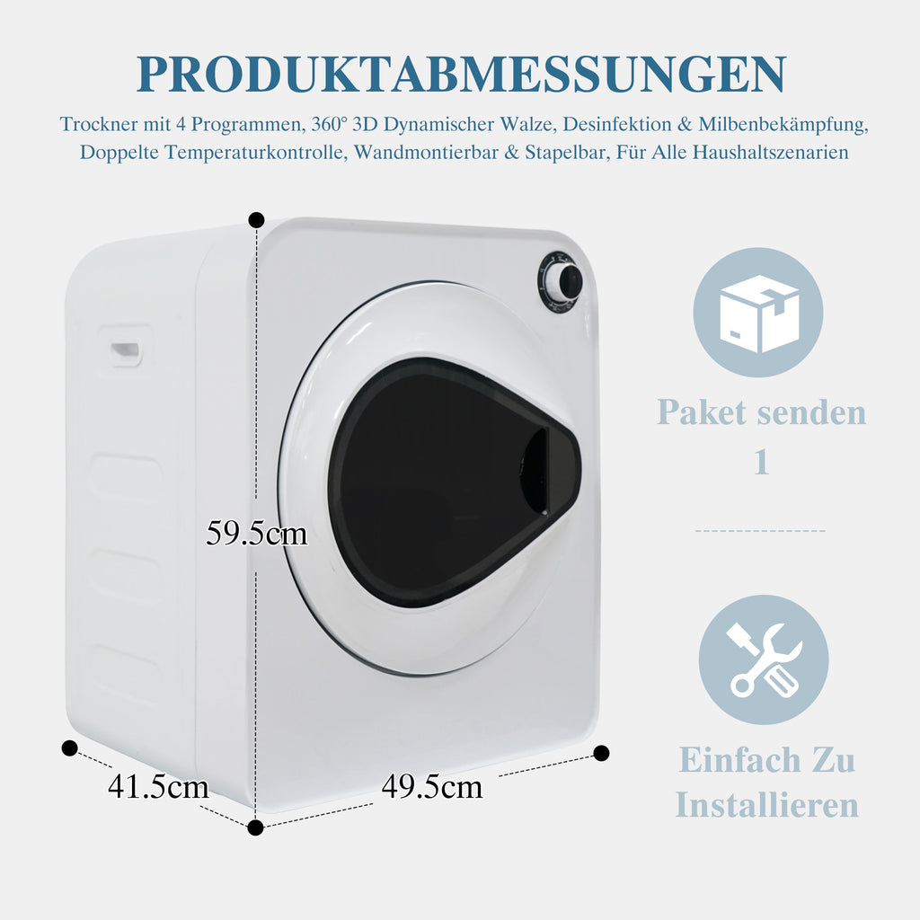 Secador de ropa de alta calidad – Calentamiento PTC en cerámica y tambor de acero inoxidable, 4 programas incluyendo función de enfriamiento, doble seguridad, montaje en pared o apilable. Caja PCM, Capacidad nominal: 3 kg (realmente 5 kg).