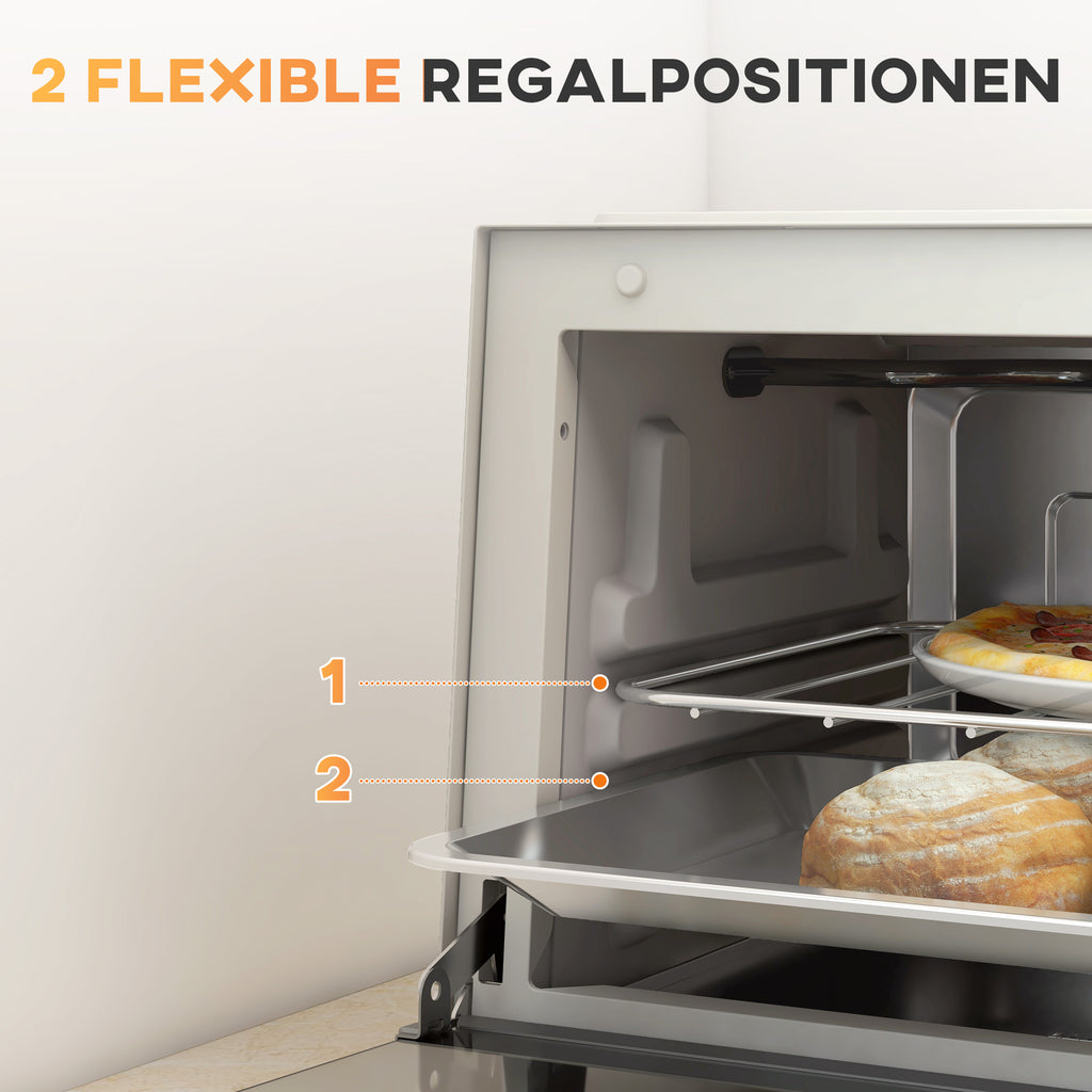 Miniforno de 9L con placa de hornear, rejilla de grill, 100 °C-230 °C, temperatura y tiempo de cocción ajustables, temporizador de 60 min, 750W, acero inoxidable, crema blanca