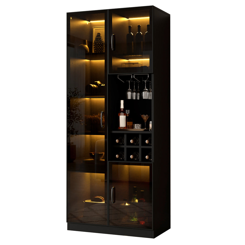 Vitrina con iluminación LED controlable por App, armario de cristal con puertas de cristal, estante para vinos y espacio de almacenamiento, armario para el salón