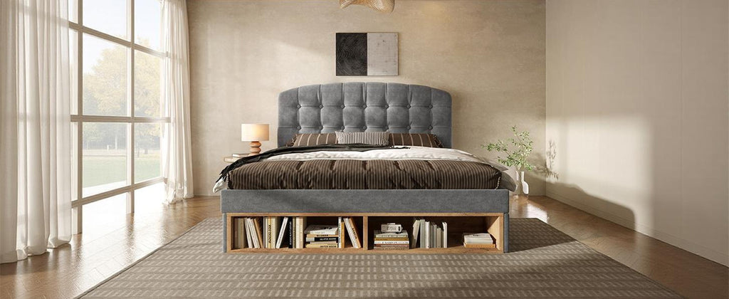 Cama Doble 140x190 cm de Lana Gris con Cajones y Cabecero Regulable – Sin Colchón