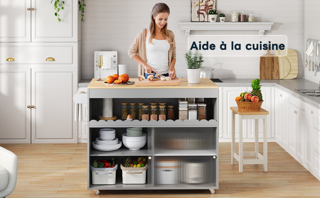 122 x 46(69) x 91 cm, Cocina con isla plegable, Mesón de trabajo de madera de roble, Puertas correderas de cristal templado, Tableros de empotramiento ajustables, Anclaje para toallas, Gran Cocina con isla