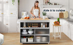 122 x 46(69) x 91 cm, Cocina con isla plegable, Mesón de trabajo de madera de roble, Puertas correderas de cristal templado, Tableros de empotramiento ajustables, Anclaje para toallas, Gran Cocina con isla