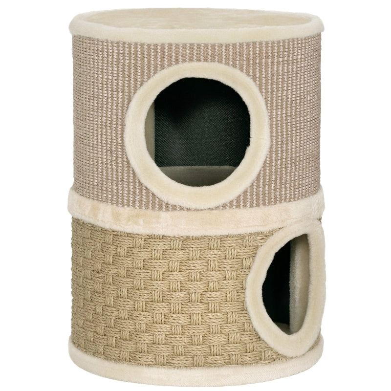 Torre de gato de 49 cm de altura, de 35,5 cm de diámetro, con dos niveles, con borde de plush y alfombra de rascar, 2 cuevas Khaki + Café