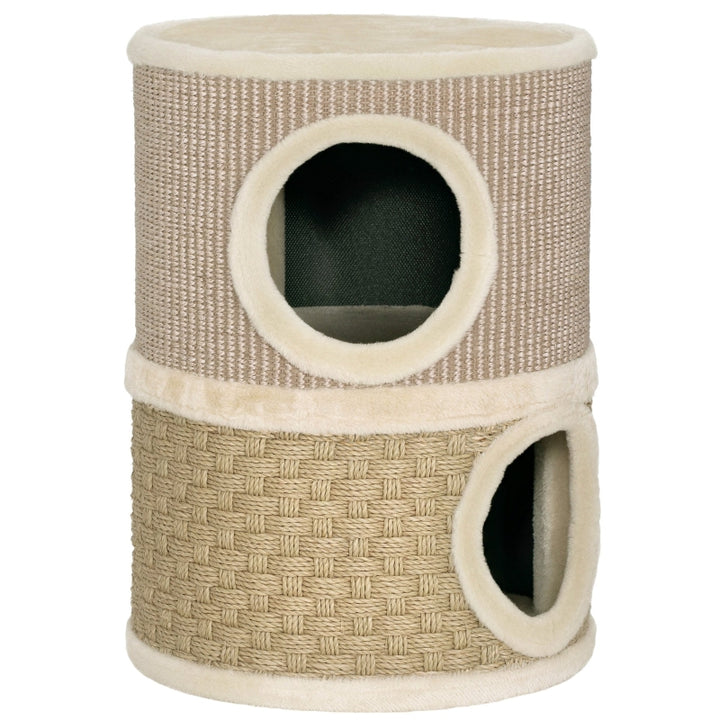 Torre de gato de 49 cm de altura, de 35,5 cm de diámetro, con dos niveles, con borde de plush y alfombra de rascar, 2 cuevas Khaki + Café