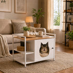 Armario multifuncional para la caja de arena de los gatos con agujero en forma de cabeza de gato, mesita de noche con 2 estantes y espacio de almacenamiento, moderno mueble para gatos para el salón y el dormitorio (blanco y madera)