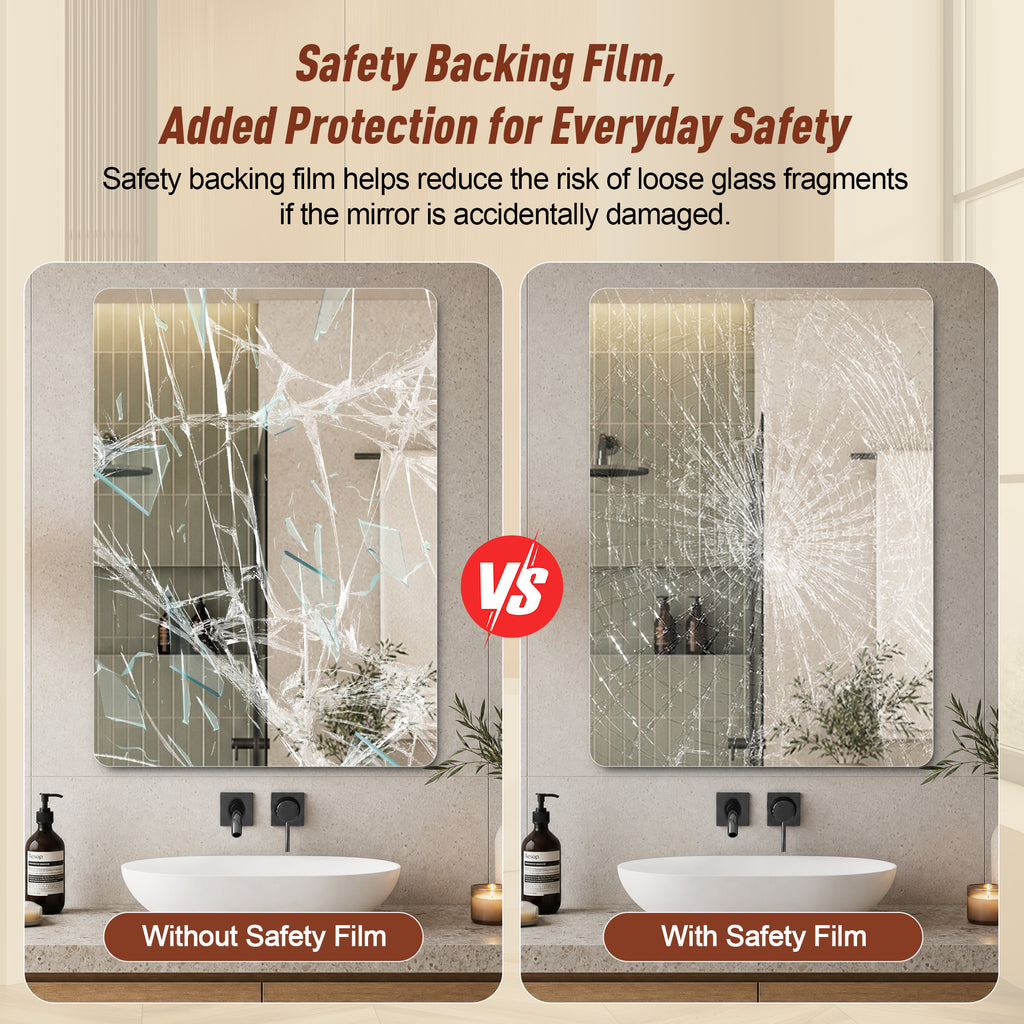 Espejo de baño de 60×100 cm, sin marco con esquinas redondeadas, espejo de 5 mm HD de plata, película de seguridad, montable horizontal o verticalmente
