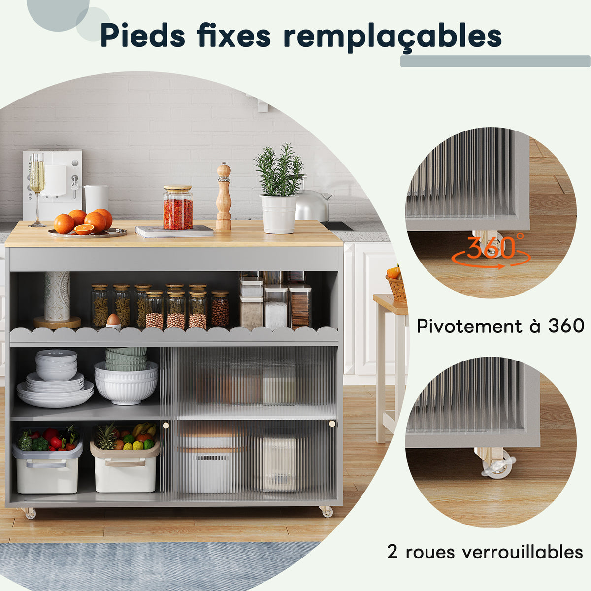 122 x 46(69) x 91 cm, Cocina con isla plegable, Mesón de trabajo de madera de roble, Puertas correderas de cristal templado, Tableros de empotramiento ajustables, Anclaje para toallas, Gran Cocina con isla