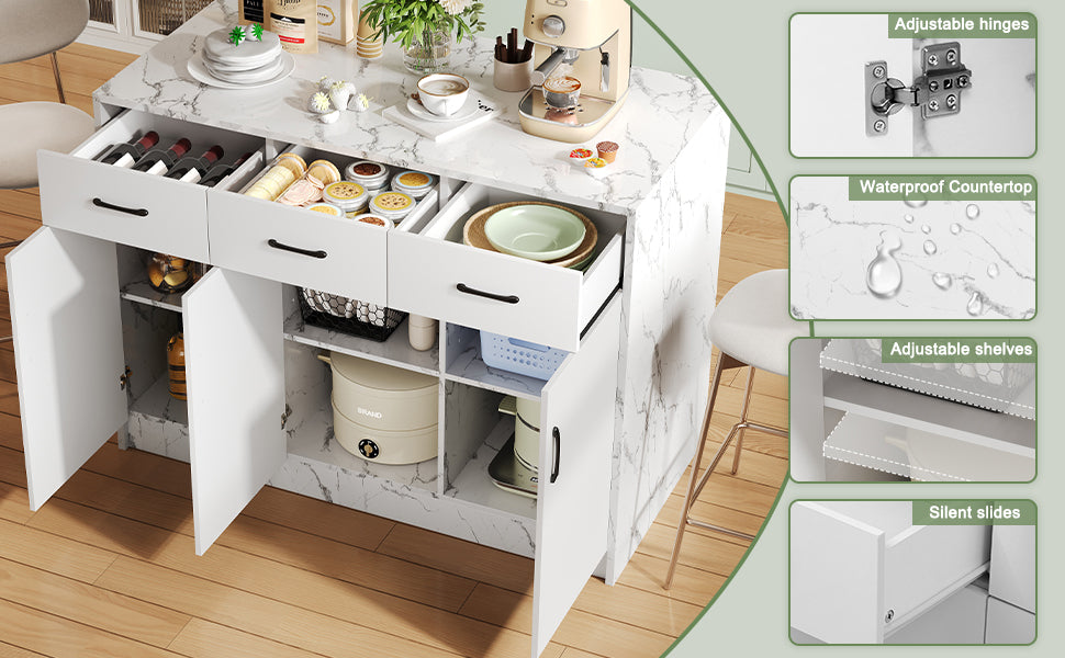 Gran isla de cocina de 120 x 60 x 90,5 cm, 3 cajones y 3 puertas, diseño de mármol blanco, soportes de empotramiento ajustables, cajones silenciosos, diseño de barbería - Accesorios para la cocina elegantes y prácticos