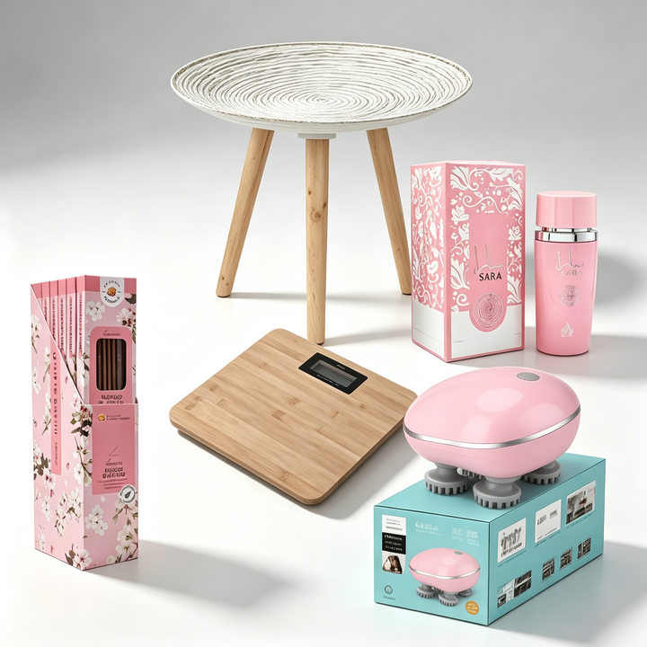 Set Bienestar y Decoración 5 en 1 - Mesa Redonda + Báscula Bambú + Perfume Sara + Masajeador + Incienso Floral