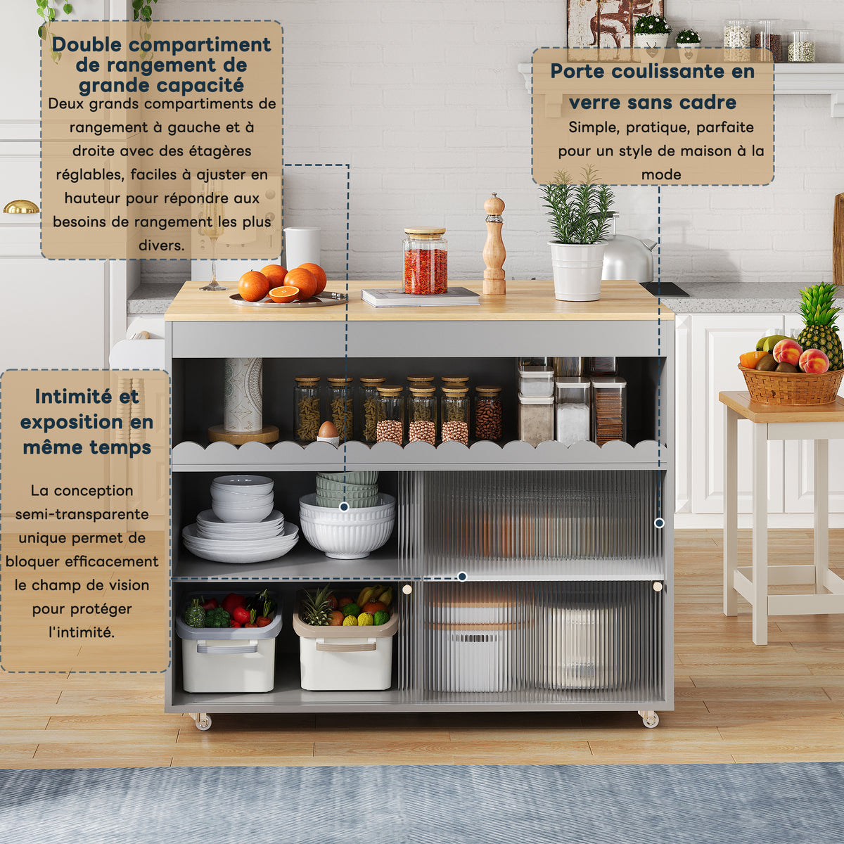 122 x 46(69) x 91 cm, Cocina con isla plegable, Mesón de trabajo de madera de roble, Puertas correderas de cristal templado, Tableros de empotramiento ajustables, Anclaje para toallas, Gran Cocina con isla